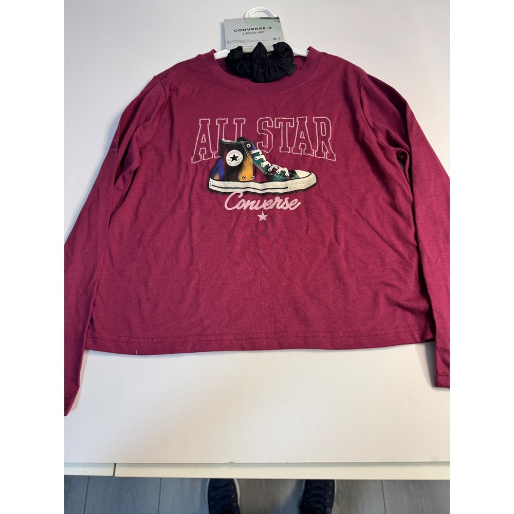 Converse Girls 2-Piece Set Long Sleeve Graphic Tee and Scrunchie Burgundy Size M